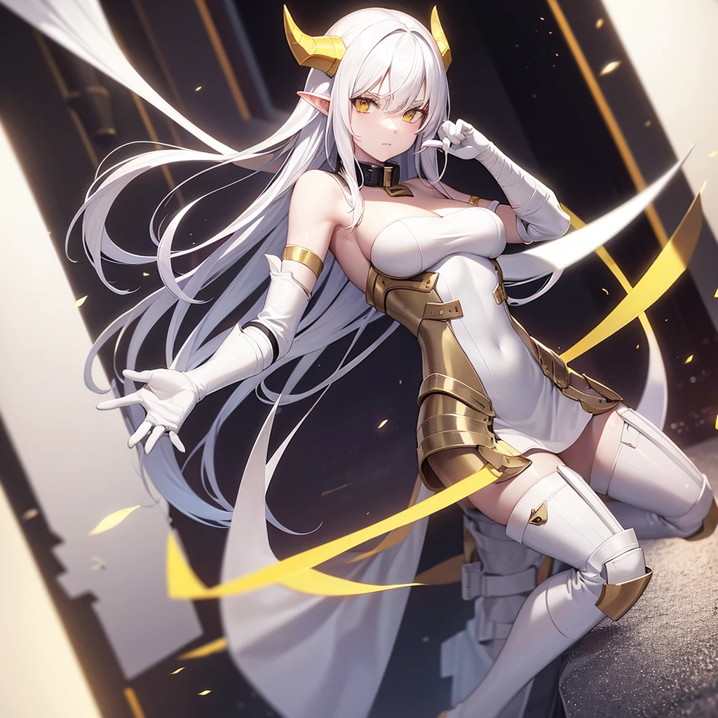 White skin, yellow eyes, boots, armor, bandages, collar, hyper breasts, tall, horns, facing viewer, solo, full body, white hair,