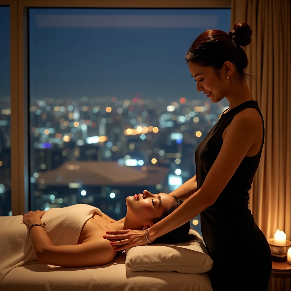 Professional photograph taken with a DSLR camera. A serene, luxurious room in a high-rise apartment with floor-to-ceiling windows showcasing a stunning nighttime cityscape. In the foreground, a fully clothed Japanese female massage therapist is performing a professional massage. She is wearing a modest, high-necked black cutsew with short sleeves, exposing only her forearms. Her expression is soft and gentle, with a subtle smile. Her skin appears smooth and flawless. The client, also a Japanese woman, lies face down on a massage table, fully covered with a soft towel. Only her face is visible, eyes closed, showing a deeply relaxed, almost dreamy expression. She appears to be drifting off to sleep, completely at ease. Her skin also has a beautiful, healthy glow. The lighting is warm and soft, creating an intimate and calming atmosphere. The overall composition is balanced and aesthetically pleasing, capturing the essence of relaxation and professional care. The image should be appropriate for all audiences, with no suggestive or revealing elements.