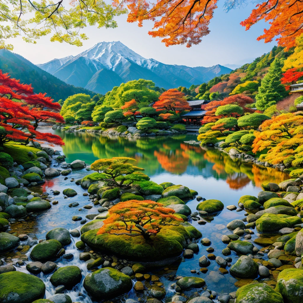 a detailed landscape of the natural beauty of Japan, lush green forests, snow-capped mountains, colorful autumn foliage, tranquil lakes and rivers, traditional Japanese architecture, dramatic lighting, serene atmosphere, photorealistic, highly detailed, vibrant colors, 8k, masterpiece