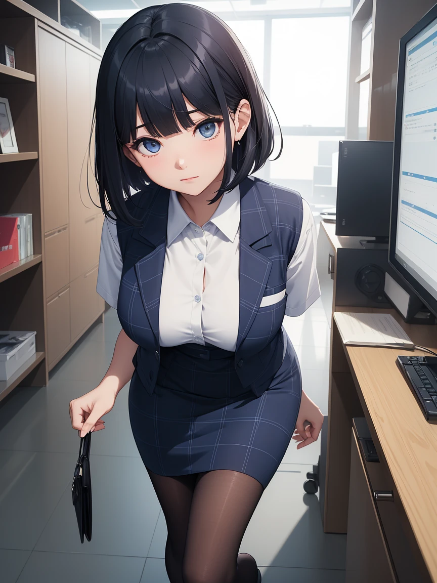 Highest quality, flying debris、Beautiful woman、office lady、Black Hair、(Dark blue eyes、Blunt bangs、Blunt bangs)、short hair、Dark blue checked office suit)、new employee,whole bodyショット、Female office lady、break(Dark blue checked vest、White dress shirt、Navy blue long tight pencil skirt、Long skirt:1.2)、(black tights、High heels)、break(Night view:1.3)、(((whole body))),Big Breasts 、break(Looking up from below)