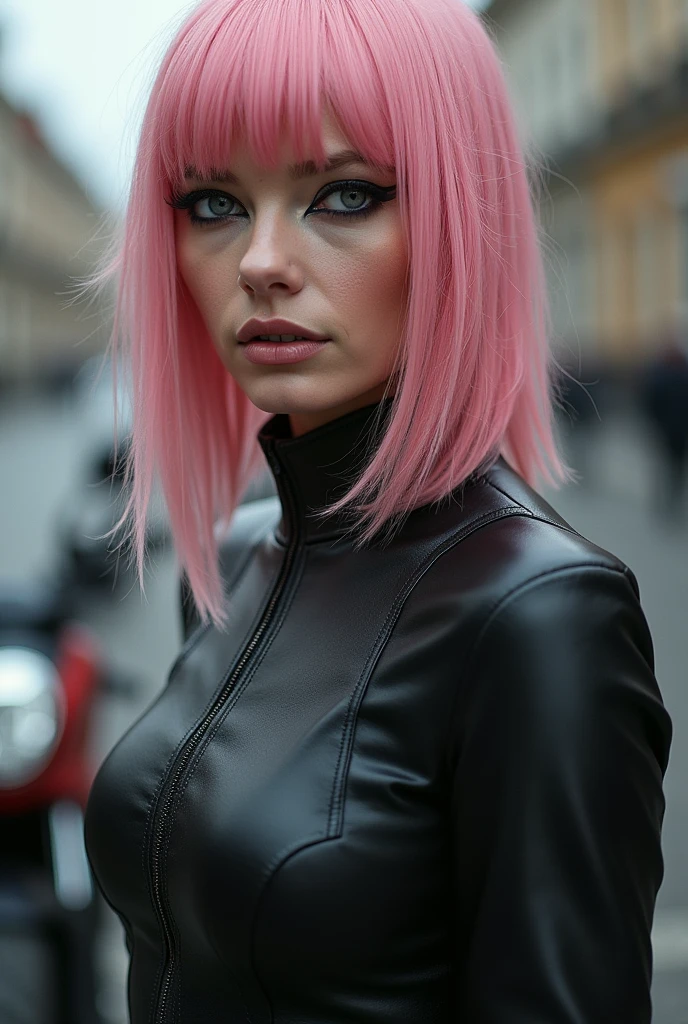 Full lenght, pink hair, narrow face, grey eyes, girl, 18 years old, slim figure, almond-shaped eyes, button nose, full lips, european appearance, ultra highly intricate detailed, black eyeliner, leather bodysuite, over knee boots, looking at the camera, professional photography, ultra sharp focus, very beautiful, motorcycle, cyberpunk aesthetic