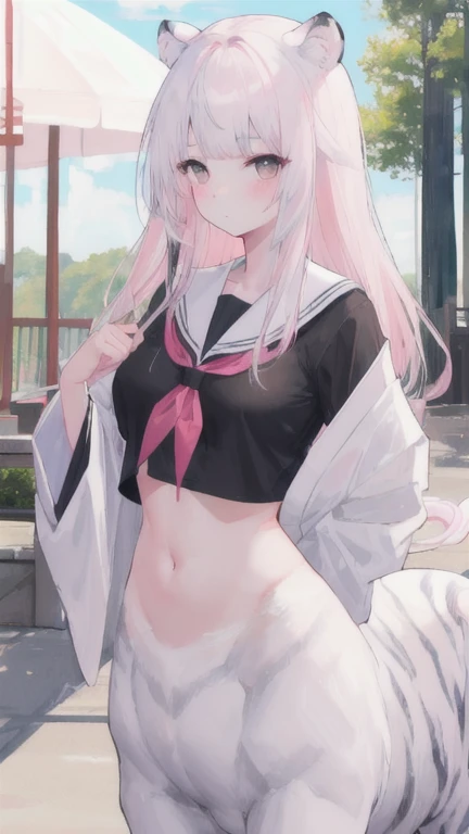 (best quality, masterpiece), 1 girl, centaur, I beg, White skin, Japanese schoolgirl,daughter,black pink, exposing the abdomen, belly button t-shirt , beautiful girl perfect, White tiger photo, 완벽한 White tiger photo