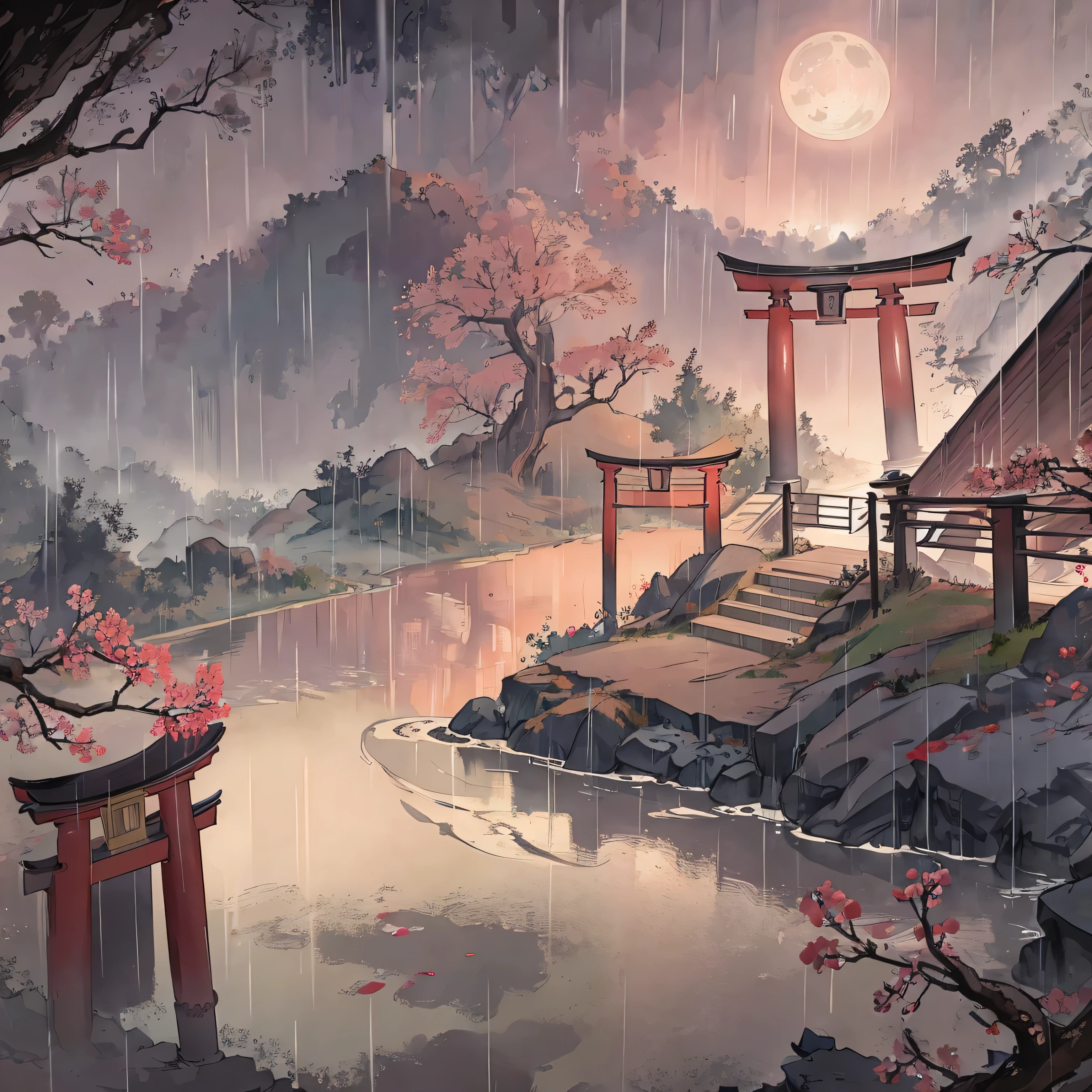 river, flowers, 8k, hd, unreal engine, moon, rain, red tone, japanese temple torii gate