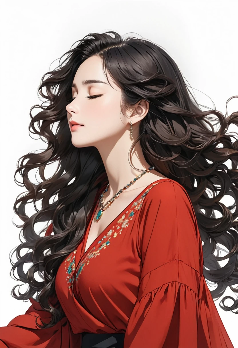 a woman is looking into the distance having long curly hair and long red top, 1girl, solo, long hair, jewelry, closed eyes, necklace, black hair, simple background, white background, upper body