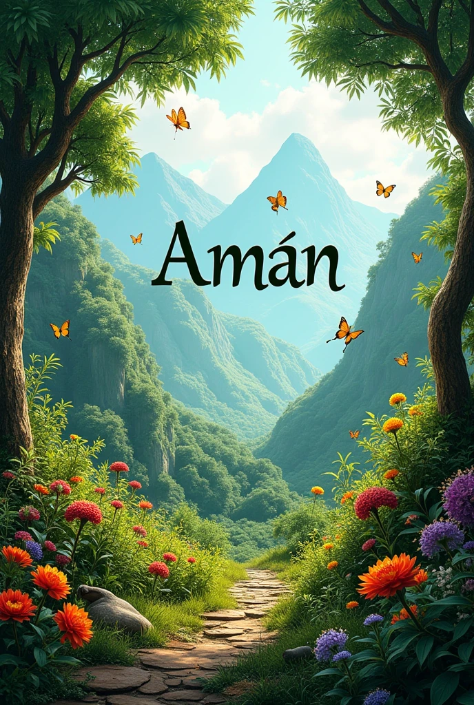 A serene and vibrant nature scene featuring lush greenery, with trees and mountains in the background. Flowers bloom in abundance, with butterflies fluttering around and beautiful birds perched on branches. Amidst this natural beauty, the name 'Aman' is written in a stylish and elegant font, blending harmoniously with the verdant surroundings.