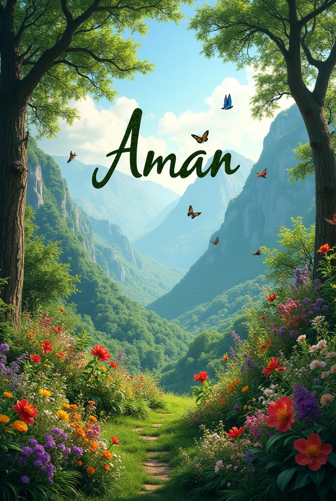 A serene and vibrant nature scene featuring lush greenery, with trees and mountains in the background. Flowers bloom in abundance, with butterflies fluttering around and beautiful birds perched on branches. Amidst this natural beauty, the name 'Aman' is written in a stylish and elegant font, blending harmoniously with the verdant surroundings.