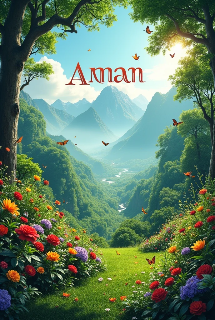 A serene and vibrant nature scene featuring lush greenery, with trees and mountains in the background. Flowers bloom in abundance, with butterflies fluttering around and beautiful birds perched on branches. Amidst this natural beauty, the name 'Aman' is written in a stylish and elegant font, blending harmoniously with the verdant surroundings.
