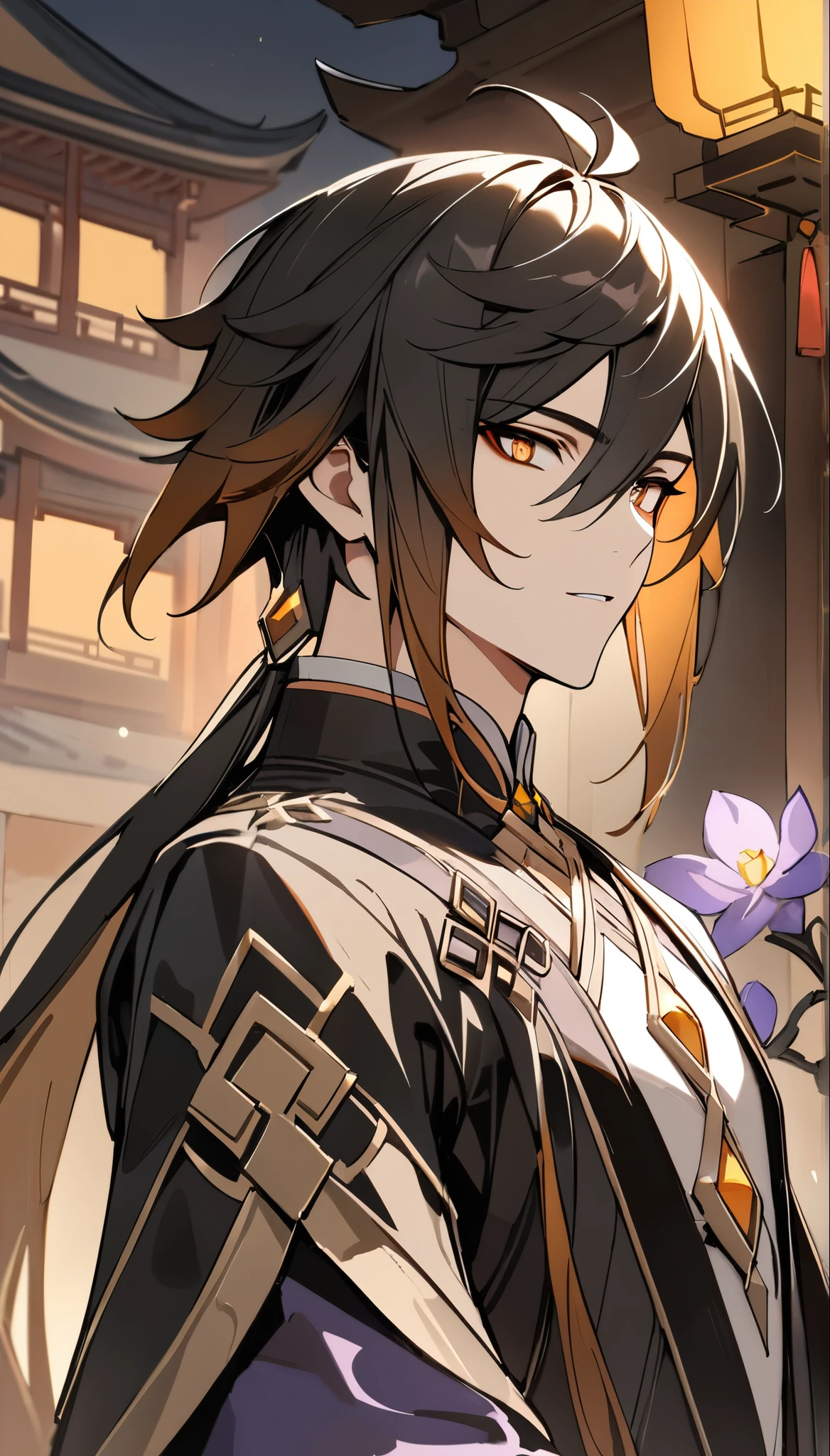 (masterpiece:1.5),best quality,(1 Handsome and calm man),alone,black long hair,(gold eyes), (soft expression),perfect face,Fantasy Chinese style,Complex clothing design with Chinese elements,Slightly muscular body,High,8K,Beautiful contrast of light and shadow,purple flowers,Positive face,Chinese luxury palace,night,zhongli genshin_impact