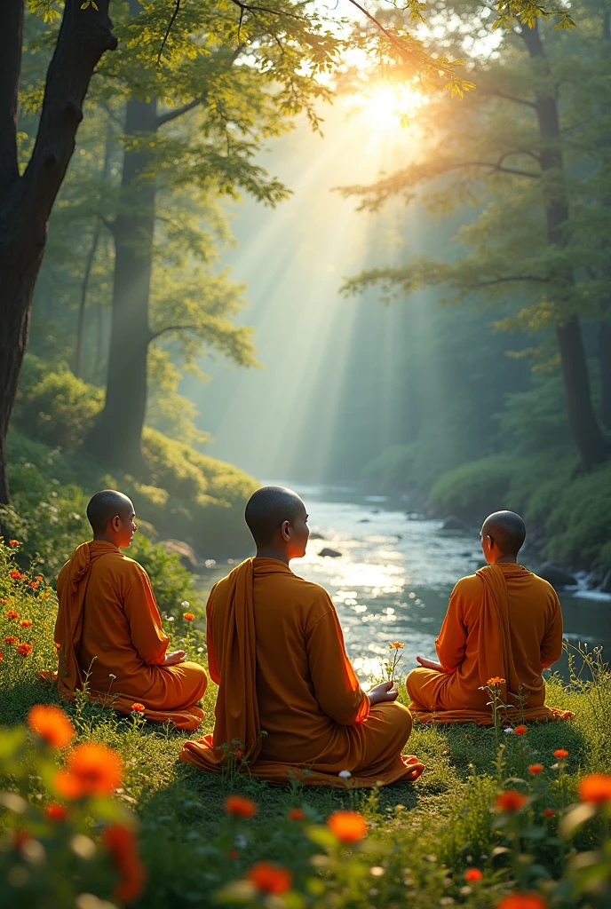 most beautiful natural nature background Meditating  3 bhikku in front of 