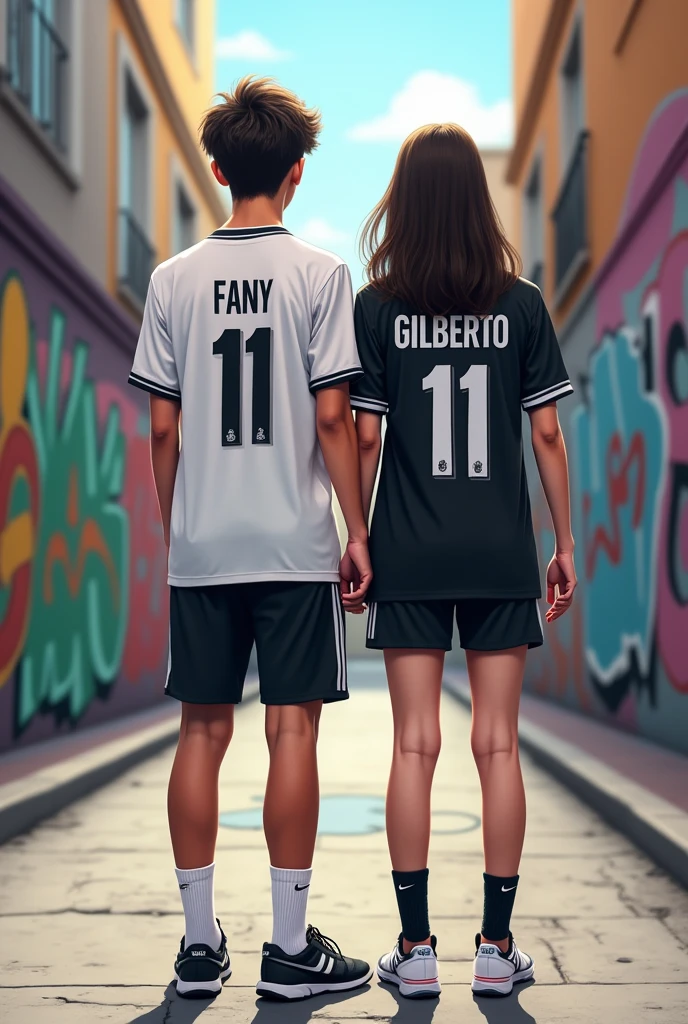 High quality photography, both wearing Real Madrid shirts, On the boy's back is the name Fany with the number 11 below the white shirt, and on the girl is the name Gilberto with the number 11 below the black shirt, the couple with Nike tennis shoes, anime drawings