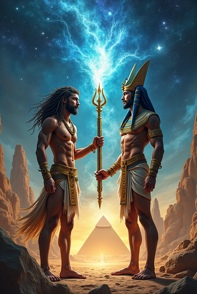 Paleolithic age god and Egyptian god creating a weapon using their cosmic energy