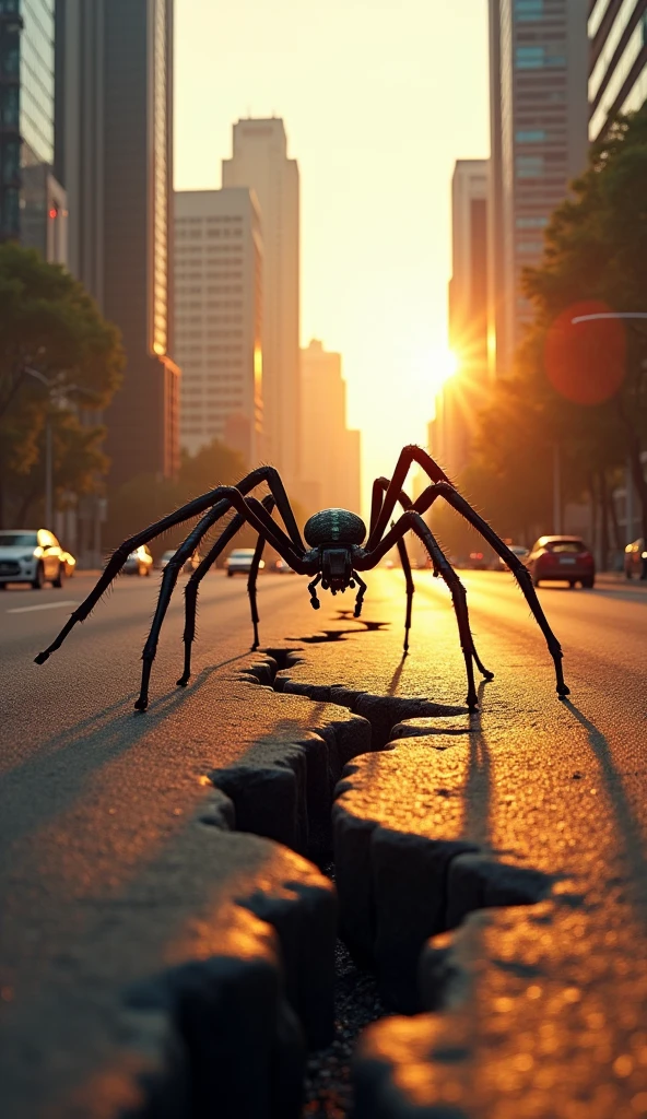 Image In the city in the morning in the middle of the road tall buildings . View from the right the highlight is the road Reduces the light to a soft warm morning scene There is a deep crack under the road .underground space cracks There are super large spiders coming out of the cracks