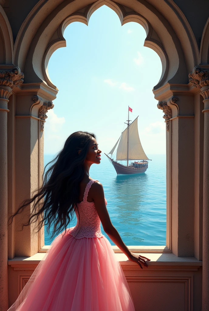 A fat African princess, black skin, white eyes, long hair, very beautiful, in an ancient European castle, looking out to the sea, there is a junk, sailing. She is happy, wearing a pink princess dress, her hand on the window sill.