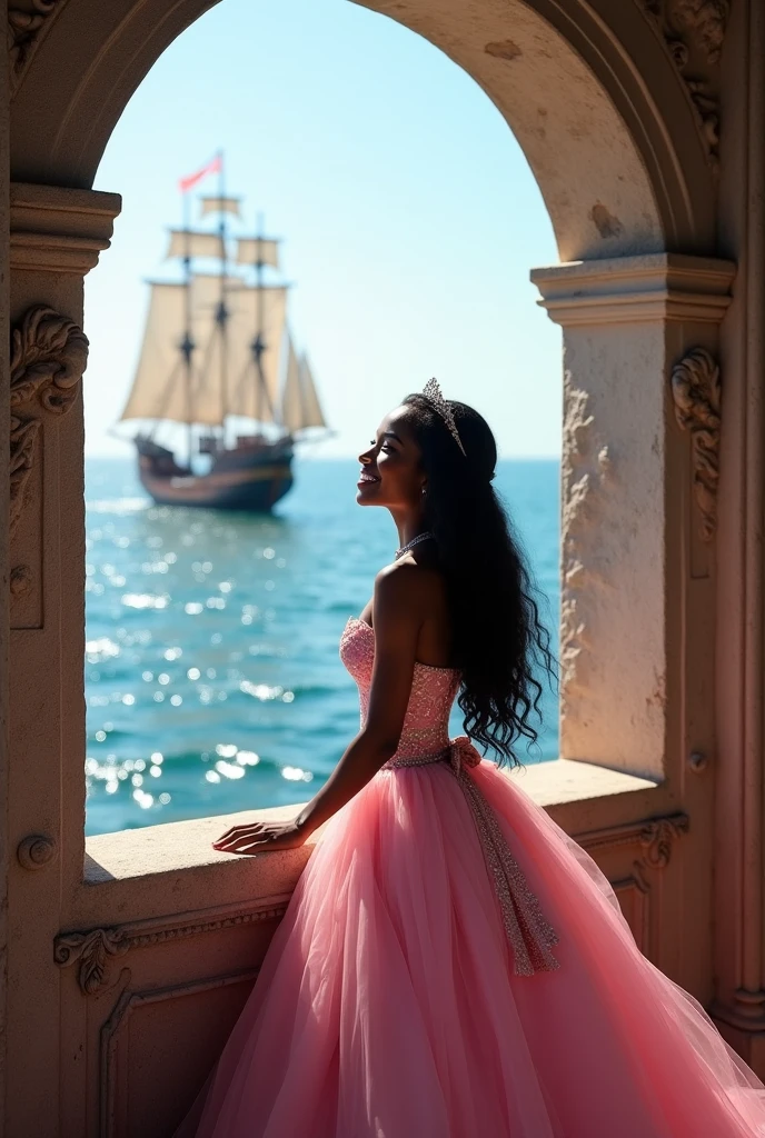A fat African princess, black skin, white eyes, long hair, very beautiful, in an ancient European castle, looking out to the sea, there is a junk, sailing. She is happy, wearing a pink princess dress, her hand on the window sill.