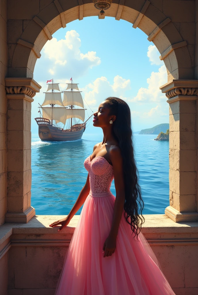 A fat African princess, black skin, white eyes, long hair, very beautiful, in an ancient European castle, looking out to the sea, there is a junk, sailing. She is happy, wearing a pink princess dress, her hand on the window sill.