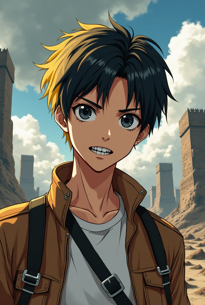 man, short hair, gotten up, black roots and blonde tips, thick eyebrows, big black eyes, delgado, brackets, white, in the style of Attack on Titan anime