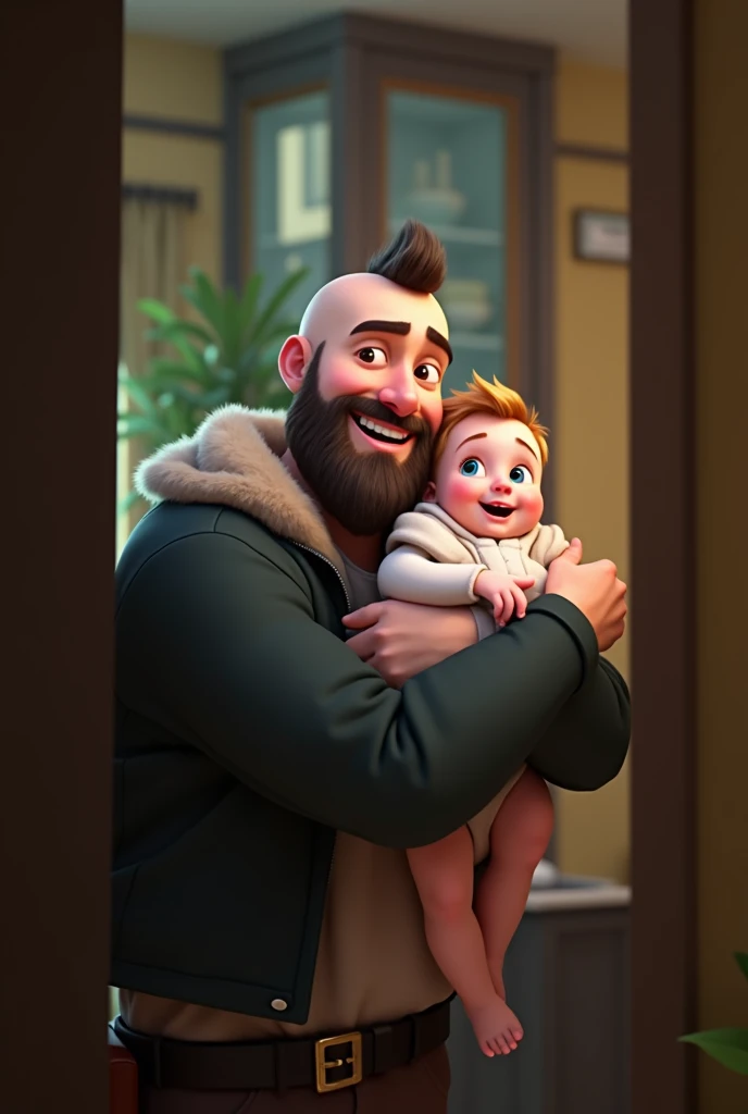 family of 3 people, an adult couple and an 8-month-old baby. The father is in the center, he is the tallest, big and strong, shaved bald hair and has a medium black Viking-style beard, with light brown eyes and a big smile. The father is holding the 8-month-old baby in his left arm. The eight-month-old baby has dark blond hair and big dark blue eyes. The mother has light brown hair and light brown eyes, her hair tied up and a beautiful smile, she is very beautiful and elegant. Character should be colorful and have a fun, friendly look, with exaggerated, expressive features. Pixar style