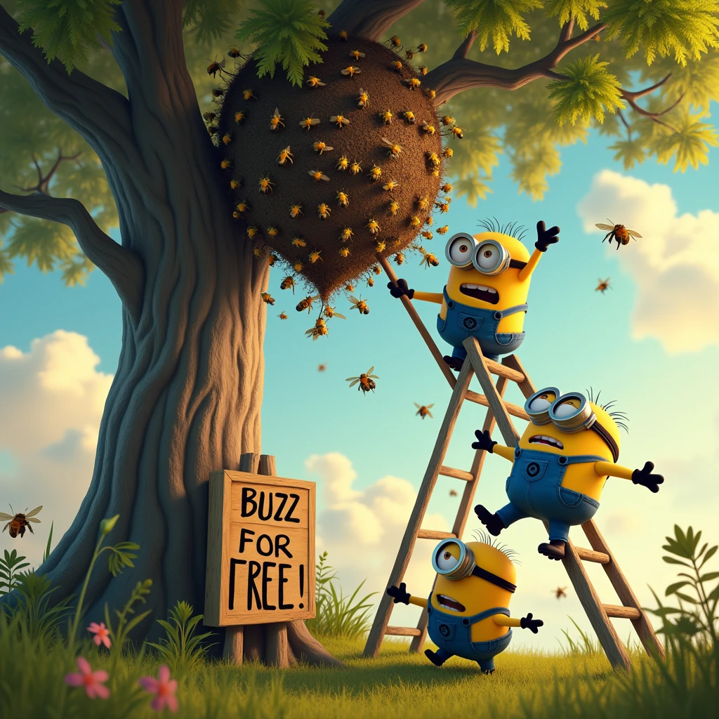 A Minion (Kevin) with a long stick in his hand is standing on a long ladder leaning against a tree and held by Minion (Bob). With the stick he is hitting a very large wasp nest hanging from a branch with numerous hornets buzzing around it. A large sign hanging on the tree reads "BUZZ FOR FREE".