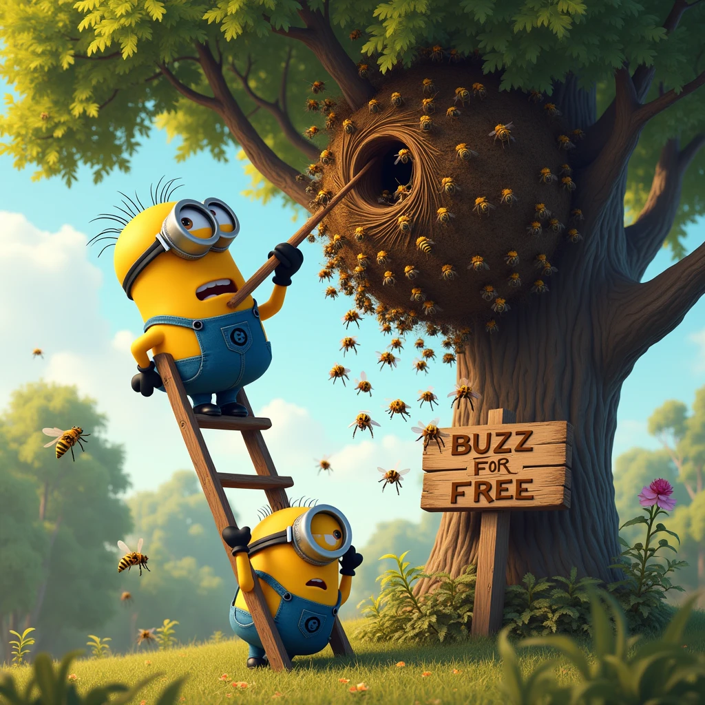 A Minion (Kevin) with a long stick in his hand is standing on a long ladder leaning against a tree and held by Minion (Bob). With the stick he is hitting a very large wasp nest hanging from a branch with numerous hornets buzzing around it. A large sign hanging on the tree reads "BUZZ FOR FREE".