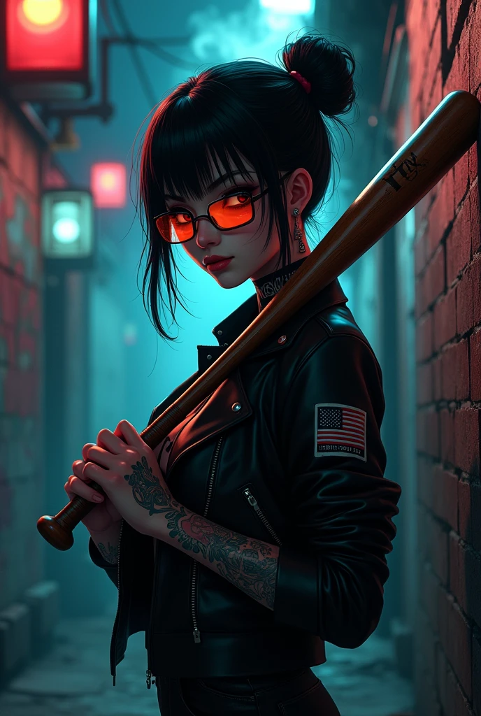  anime girl yakuza leader glasses smoke area 
and baseball bat