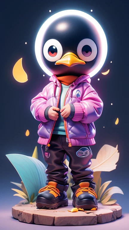 Create a picture of a little penguin monster., The body is transparent and can be seen through. The image is sharp and detailed., with beautiful colors.. With arms, leg, eyes, mouth, พื้นหลังสีlegว