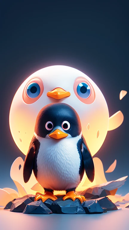 Create a picture of a little penguin monster., The body is transparent and can be seen through. The image is sharp and detailed., with beautiful colors.. With arms, leg, eyes, mouth, พื้นหลังสีlegว