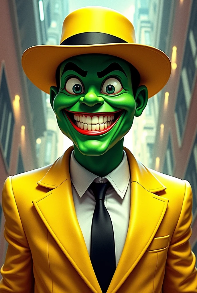 The movie character from the 1994 film The Mask, a cartoonish invulnerable creature with a mischievous personality, looks at the camera,standing straight,smile on face white teeth , head is bright green ,no hair on head yellow hat ,yellow suit,white shirt black thin tie ,Best quality, masterpiece, a high resolution, high detail,Full Face Realism,