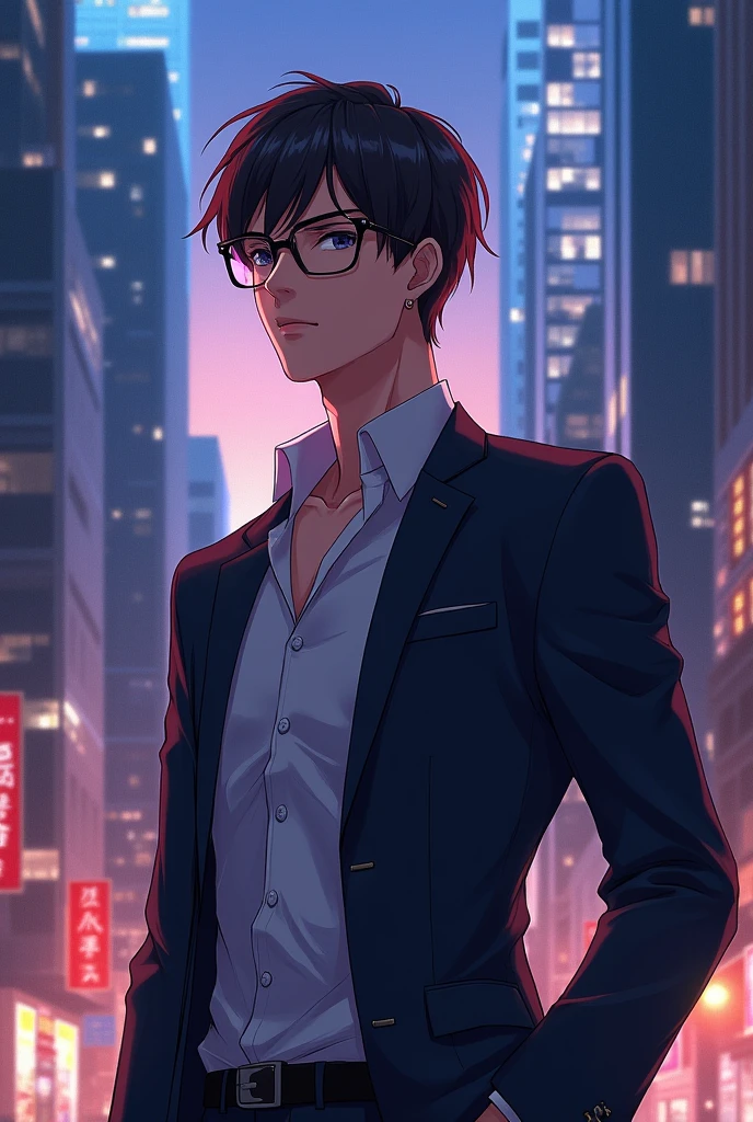 With glasses, straight hair, not dark, athletic body, glasses that match his figure, semi-formal clothing, mysterious, handsome, and a touch of anime drawings 