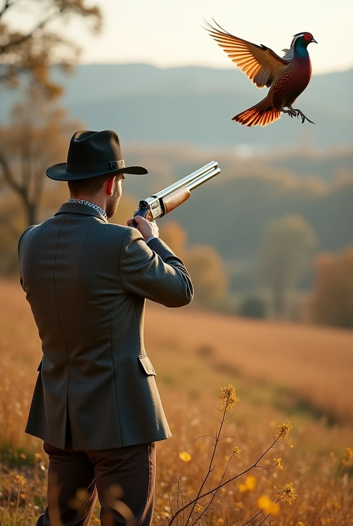 A Hunter, dressed very classy in a position where he just fired his shotgun at a pheasant which is falling majestically to the ground