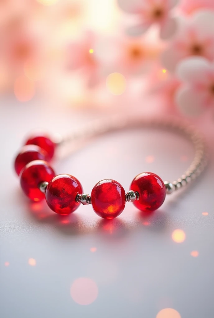 A bracelet with 5 red beads painted in watercolor style