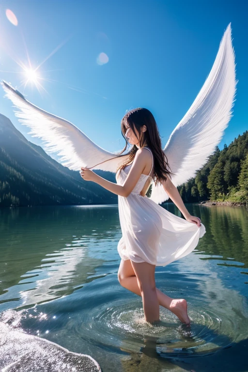 masterpiece, top-quality, in 8K, realperson, realisitic, Highly detailed CG, shinny skin, Fully Focused, surrealistic, blue-sky, ((Floating in the air)), The Glory of God, ((Little Angel)), (fullnude), white feathers dance, Full body like