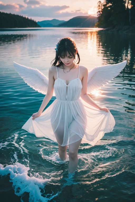 breast enhancement,reality,offcial art,8K quality,Super detail,fine detail skin,Movie Angle,cinematic textures,Movie lighting,Masterpiece,Best picture quality,deepshadow,Backlight,outline light,Black background,1 girl,Zhu lips,Messy hair,showing panties,pantyshot,underbust,1girll,Whole body,White_Stockings,Lace stock,Long hair,upper legs,Lace, Angel in white underwear walking on water,Full body angels, Naked girl, White stockings, White silk wings,, Wide-angle angel shot, white dresses,Beautiful angel in white dress,nudegirl , crisp breasts,Gas bangs),ssmile, best qualityer,tmasterpiece,(realisticlying:1.4)