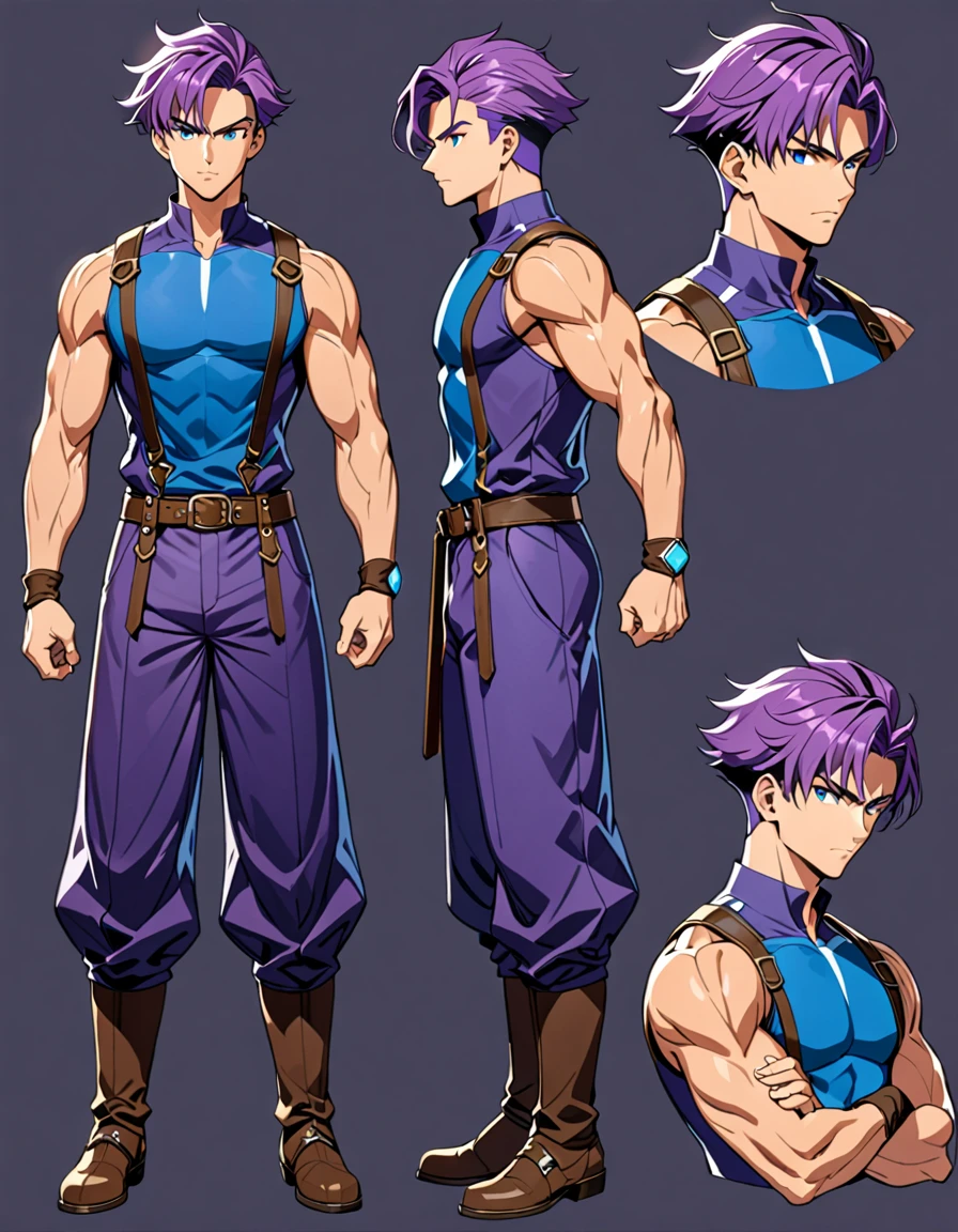 (masterpiece), (best quality), (high res), trunks, male, tall body, beautiful detailed eyes, beautiful detailed face, serious, perfect hands, complete fingers, perfect anatomy, perfect proportions, ((purple hair, short hair, mushroom hair style )), ((blue eyes)), (( time traveler outfit)), muscles, looking at viewer, (solo, solo focus), standing,, sword on the back, full body costume design. Simple background, Multiple Views, Character Sheet Full-Length.