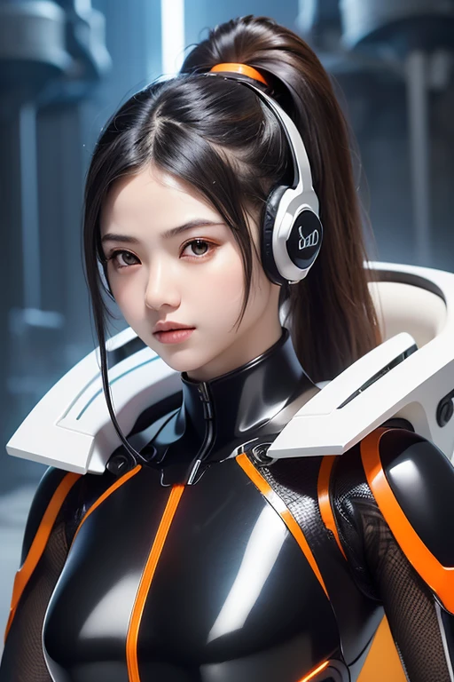 Top Quality, Masterpiece, Ultra High Resolution, (Photorealistic: 1.4), Raw Photo, 1 Girl, Black Hair, Glossy Skin, 1 Mechanical Girl, (((Ultra Realistic Details)), Portrait, Global Illumination, Shadows, Octane Rendering, 8K, Ultra Sharp, Intricate Ornaments Details, realistic skin, sweat effect, ((wearing Headphone)), very intricate detail, realistic light, CGSoation trend, brown eyes, glowing eyes, matte black and glossy orange mechanical bodysuit, Long hair, black hair, Ponytail hair, full body shot, spaceship bridge background, dynamic pose,