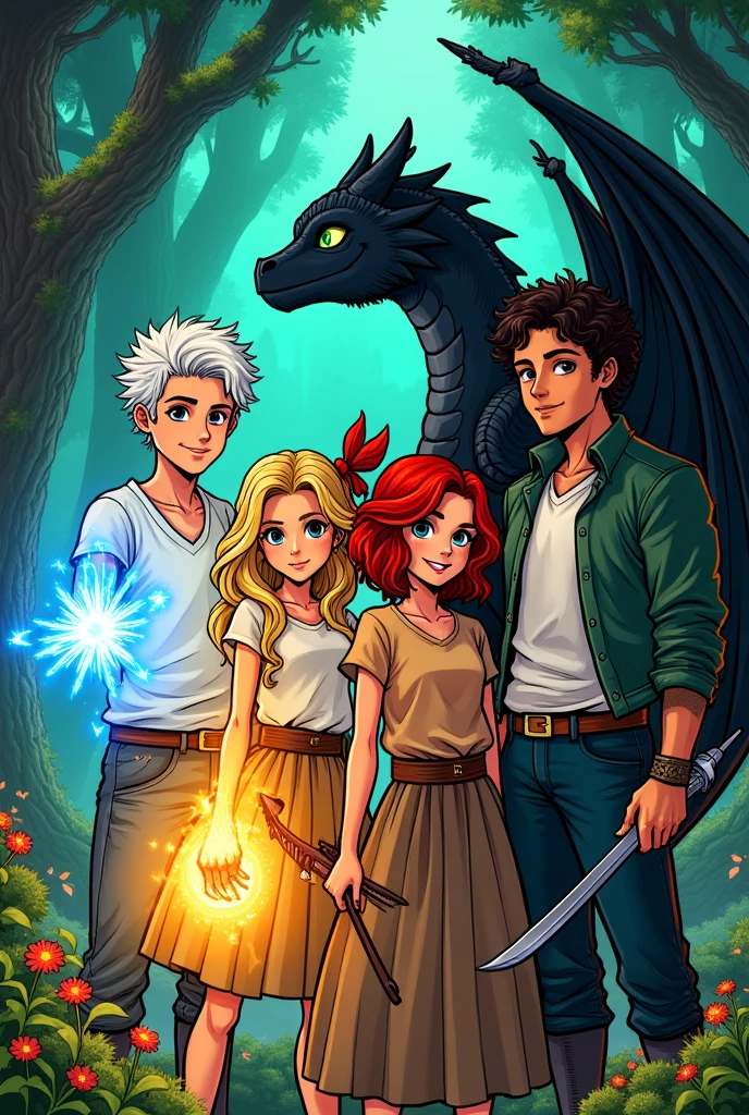 create comic book image: a group of four friends, a white-haired boy with ice powers, a blonde girl with yellow powers, a red-haired girl with a bow and arrow, a boy with curly Chanel hair with a sword, and a black dragon on top of his head.