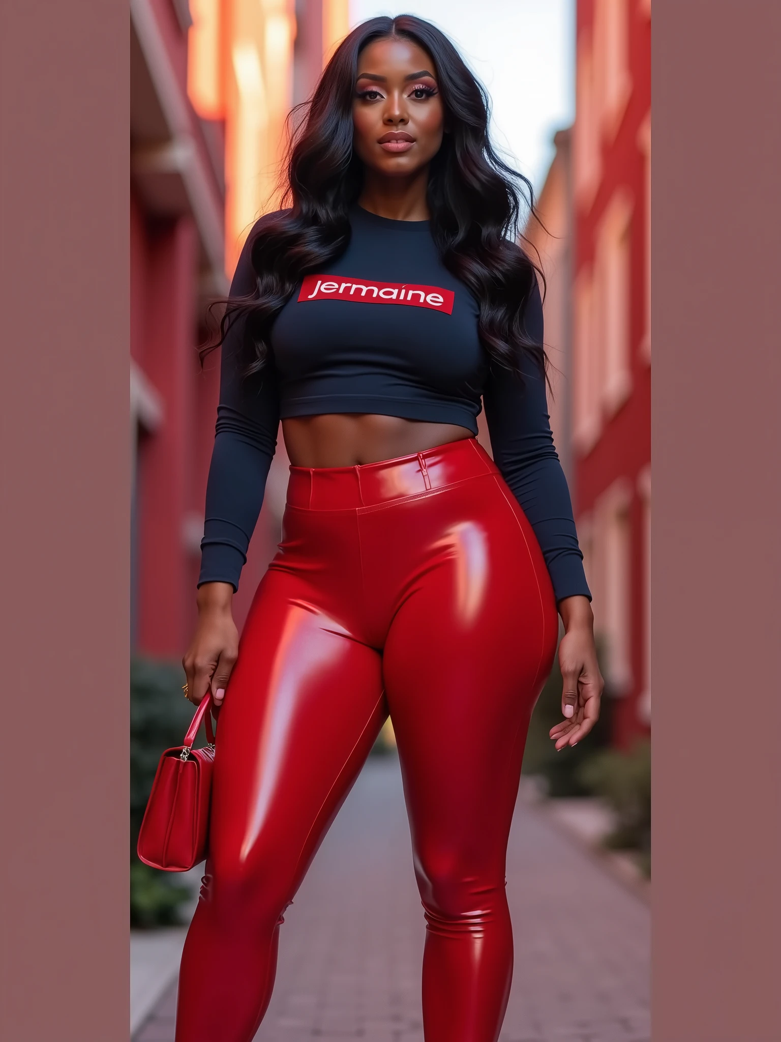 MASSIVE BUTTOCKS, crimson plastic leggings, UHD, She's a dark skin melanin Queen with tiny paper-thin waist, red city, side body, navy blouse says "Jermaine", best quality, sswanky hair, no nudity