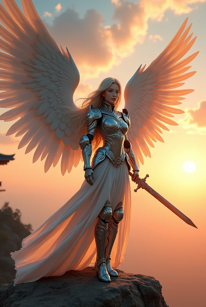 (masterpiece, best quality), intricatemechanical soldier, korean beauty like tae yon, blue eyes, blonde hair, fully titanium armor with old javanese motif, mechanical detail wings, holding angelic sword, bright smile, wear angelic booth, smal light armor on arm and leg with old javanese motif, standing on top the hill with old japanese village seen on far away,uhd. use the RenderMan renderer.digital art. High definition, high contrast, high color saturation, 3d,128k,cinematic lighting, intricate,cinematic lens, advertising photograph,ultra detail. Wallpaper size.
