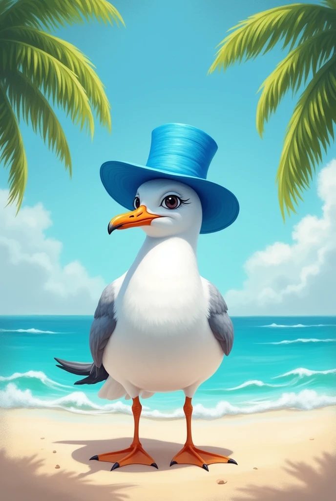 Draw a seagull in a blue hat bowing