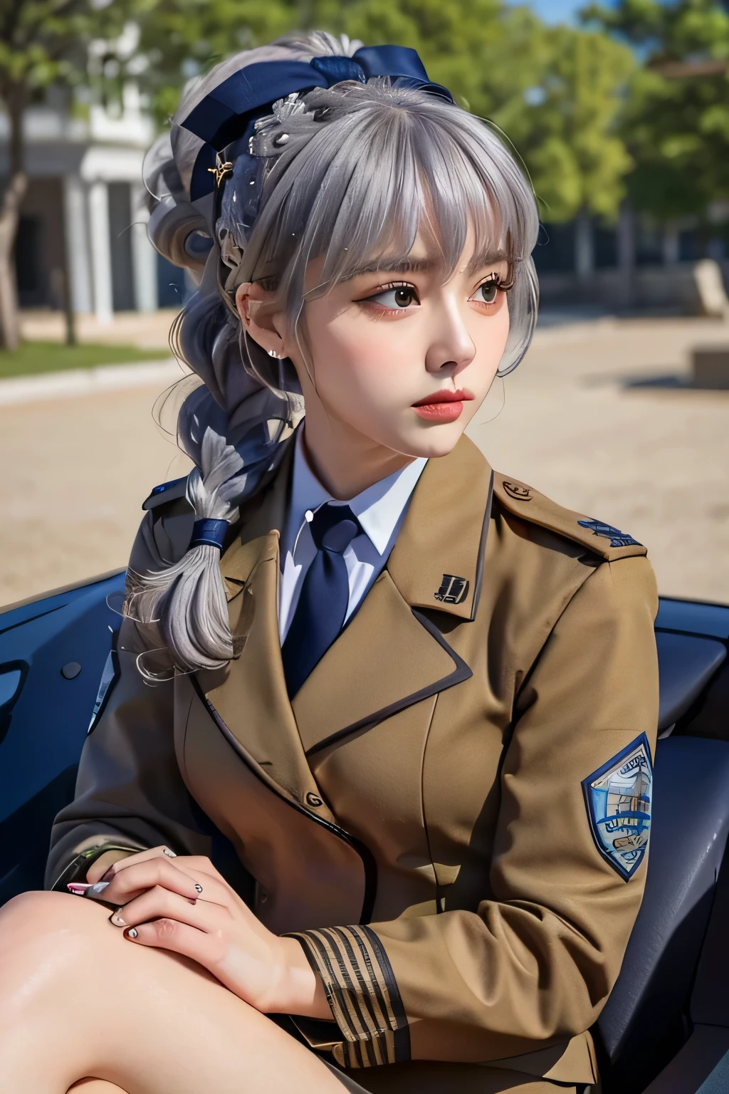 1girl, solo, braided ponytail, ((single braid)), grey eyes, delicate face, grey hair, military uniform, black necktie, blue bow, brown skirt, best quality, masterpiece,