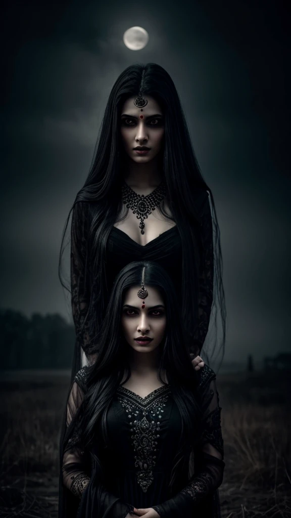 a beautiful indian woman angry red eyes ghost, detailed face and eyes, ghostly pale skin, long black hair, ghostly dress, dark horror room, full moon, dark cloudy sky, fog, moonlight, dramatic lighting, cinematic, dark fantasy, horror, gothic, moody, atmospheric, highly detailed, 8k, photorealistic, chiaroscuro, full body image