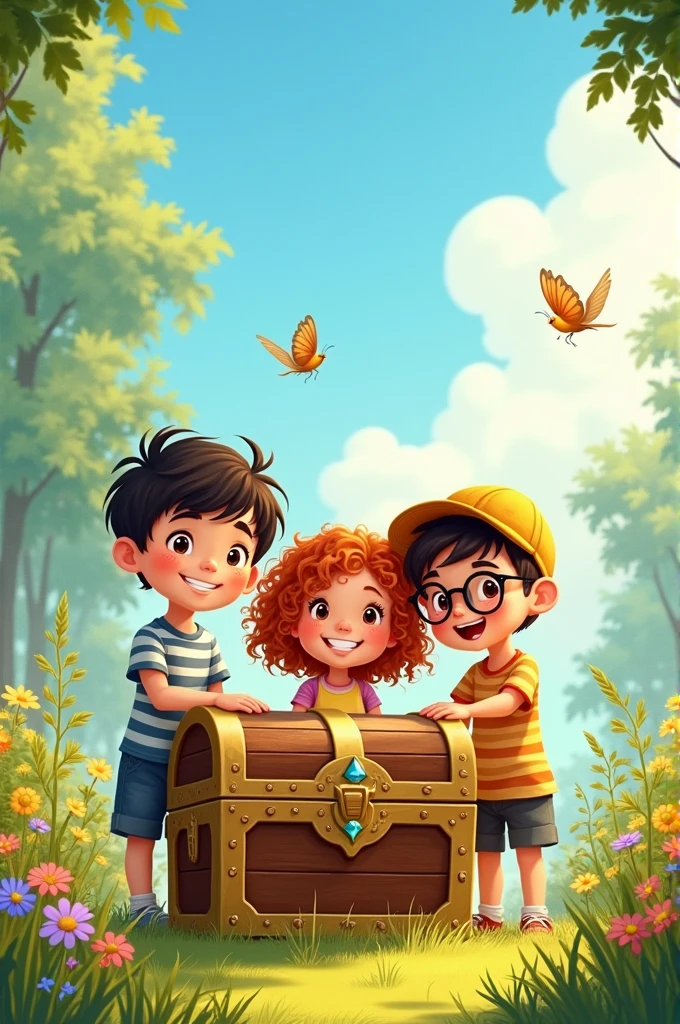 The three children smiling at each other, standing together with the treasure chest behind them, feeling proud and happy as they realize the value of their friendship."