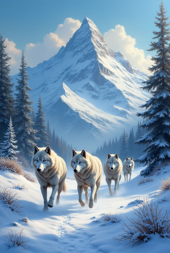 A snowy mountain painted in oil with wolves 