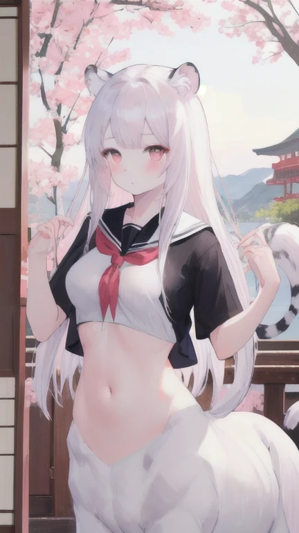 (best quality, masterpiece), 1 girl, centaur, I beg, White skin, Japanese schoolgirl,daughter,black pink, exposing the abdomen, belly button t-shirt , beautiful girl perfect, White tiger photo, 완벽한 White tiger photo