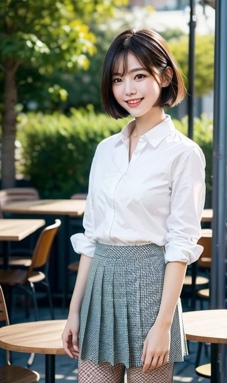 (a cute girl with short bob hair or ponytail, wearing a university student uniform, relaxing in an outdoor cafe, hands on hip, wearing fishnet tights and loafers, with white shirt and a pleated skirt, kind smile, beautiful detailed eyes, beautiful detailed face, long eyelashes, beautiful detailed lips, dimpled cheeks, ample bosom, masterpiece, photo-realistic, ultra-detailed, 8k, high resolution portrait illustration, natural colors, bokeh night background, SFW, )