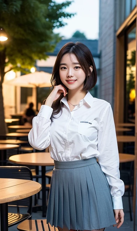 (a cute girl with short bob hair or ponytail, wearing a university student uniform, relaxing in an outdoor cafe, hands on hip, wearing fishnet tights and loafers, with white shirt and a pleated skirt, kind smile, beautiful detailed eyes, beautiful detailed face, long eyelashes, beautiful detailed lips, dimpled cheeks, ample bosom, masterpiece, photo-realistic, ultra-detailed, 8k, high resolution portrait illustration, natural colors, bokeh night background, SFW, )
