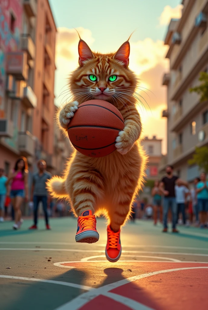 Angry Cat with an amazing shoes playing basketball