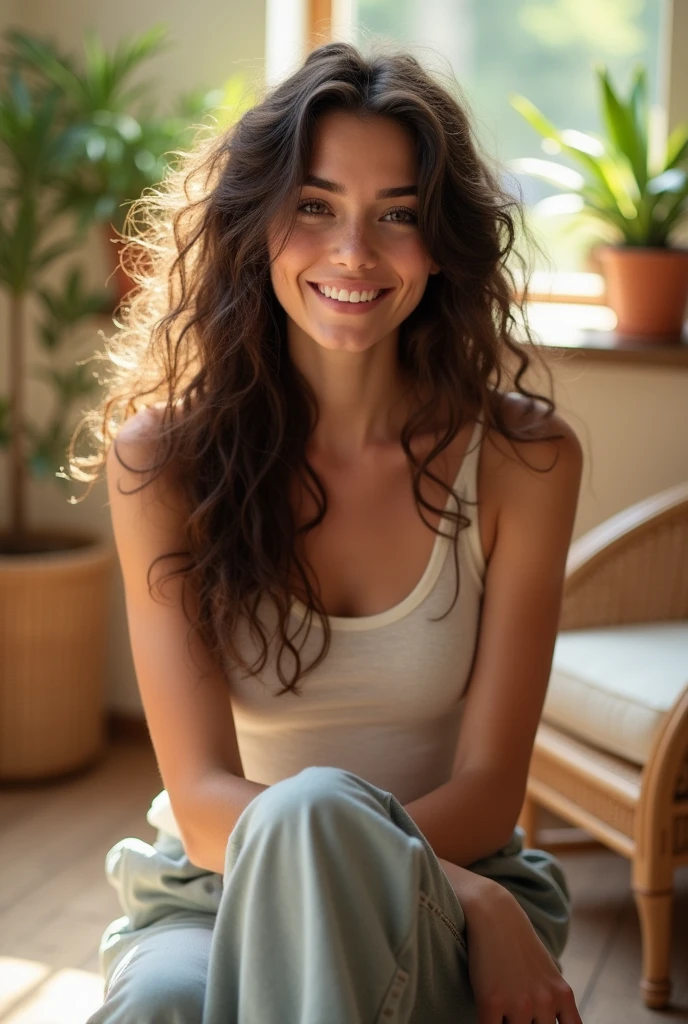A brunette girl with curly hair and big breasts sits with her legs stretched out, taking a realistic photo