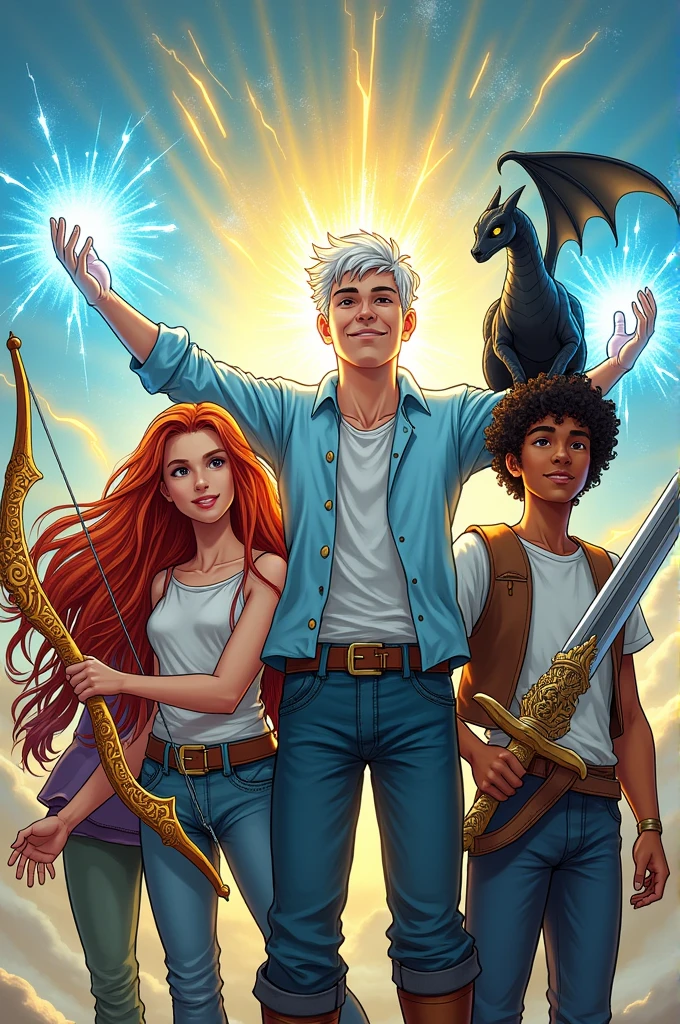 create comic book image: a group of four friends, a white-haired boy with ice powers, a blonde girl with yellow powers, a red-haired girl with a bow and arrow, a boy with curly Chanel hair with a sword, and a black dragon on top of his head.