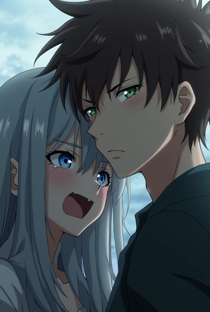 Anime girl with long gray hair and blue eyes .18 wearing a black suit crying loudly and putting her head on the chest of a young man of 25 years old with brown hair, green eyes and sharp, serious features and the girl holding his shirt. Strongly and tears in her eyes sad and her cheeks red in a blurry background