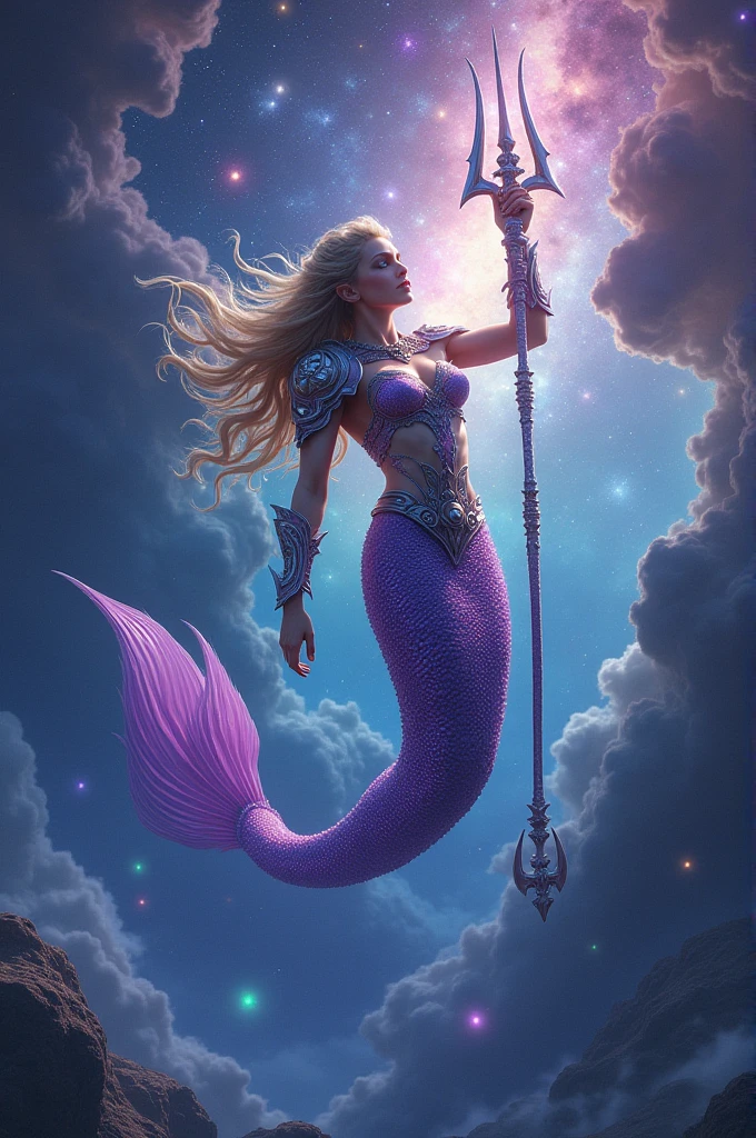 warrior mermaid in violet, that swims through the universe